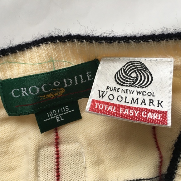 Crocodile Sweater Vest V Neck Beige Red Black Check Sz L Preppy Golf Merino Wool - Picture 5 of 6